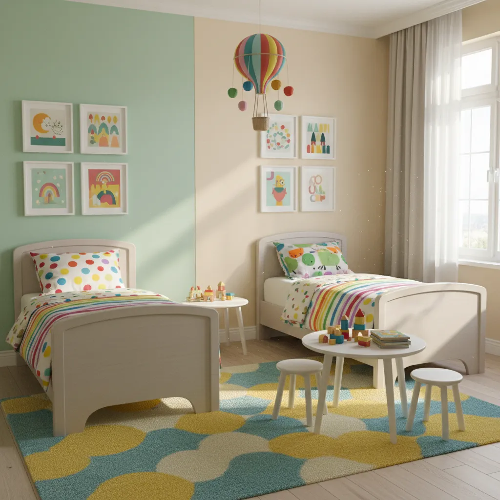 Kids twin bedroom with neutral beds and colorful accent decor