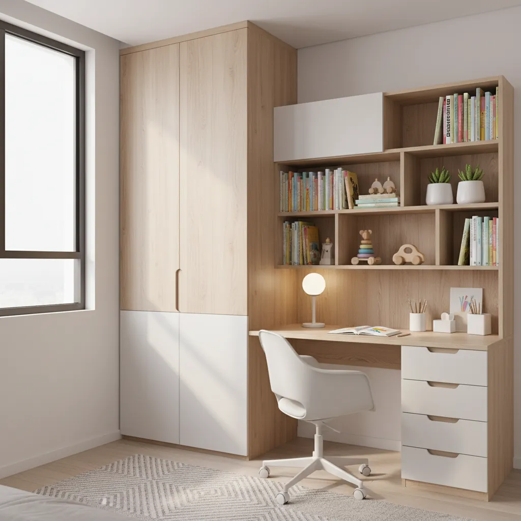 Kids wardrobe integrated with study desk and storage