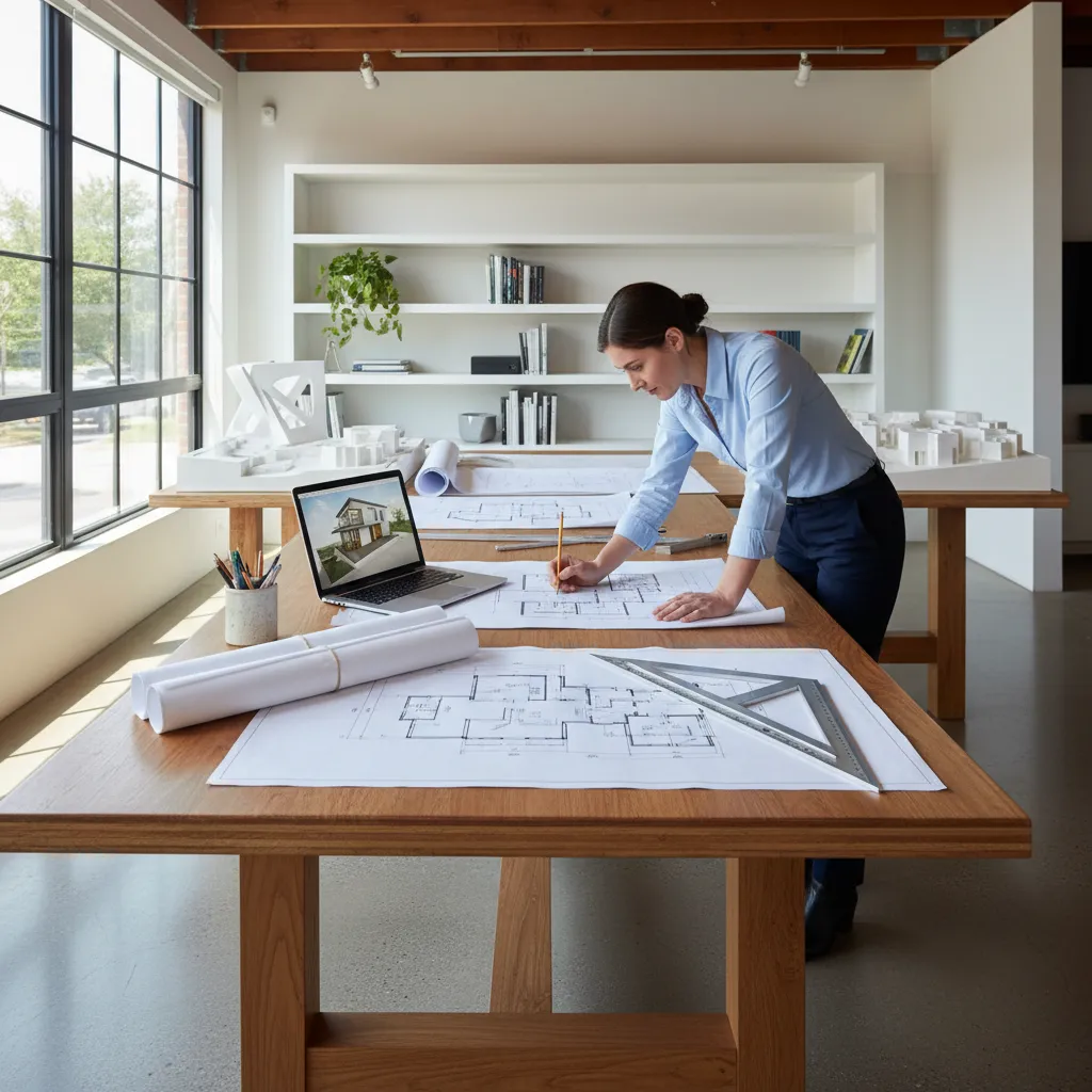 Woman interior designer drawing room layout plans on wooden desk with laptop and house models