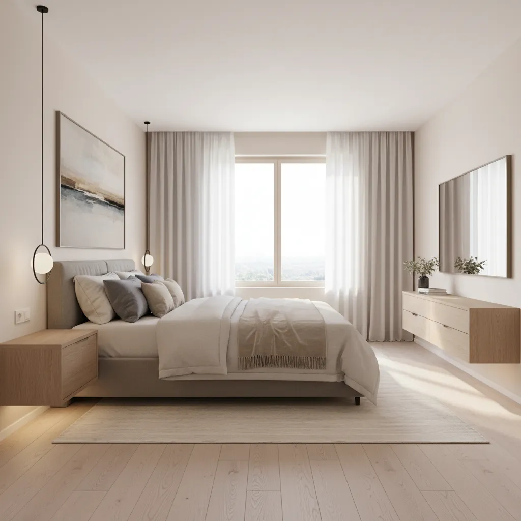 king bed layout inside a 15x11 bedroom showing tight circulation space
