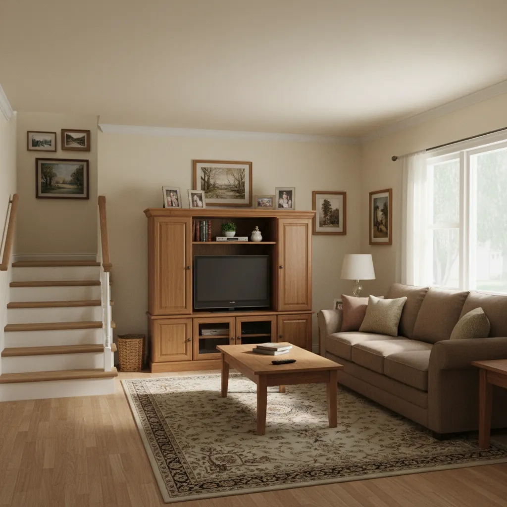Suburban sitcom living room layout similar to King of Queens with sofa coffee table and staircase
