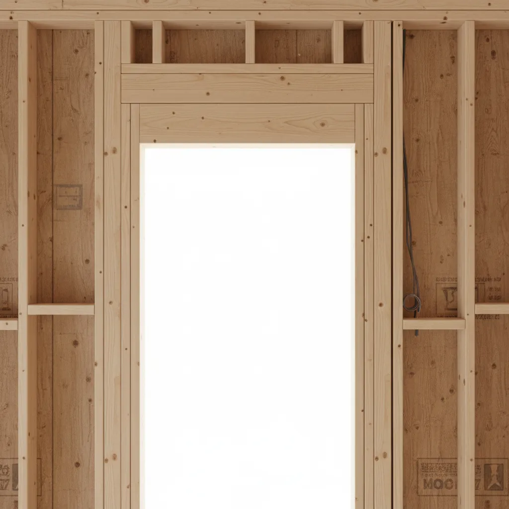 Detailed framing showing king studs and jack studs supporting a door header