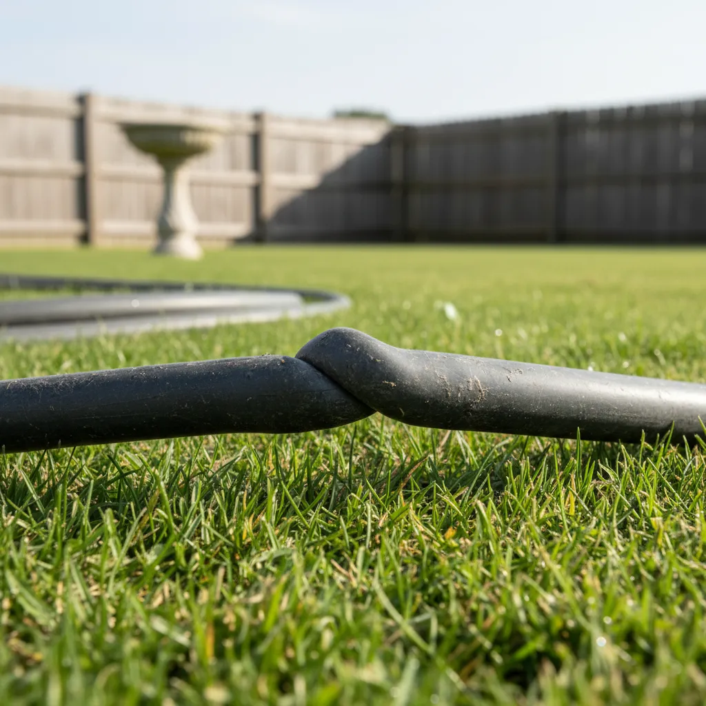 Grey garden hose with visible kink on grass lawn