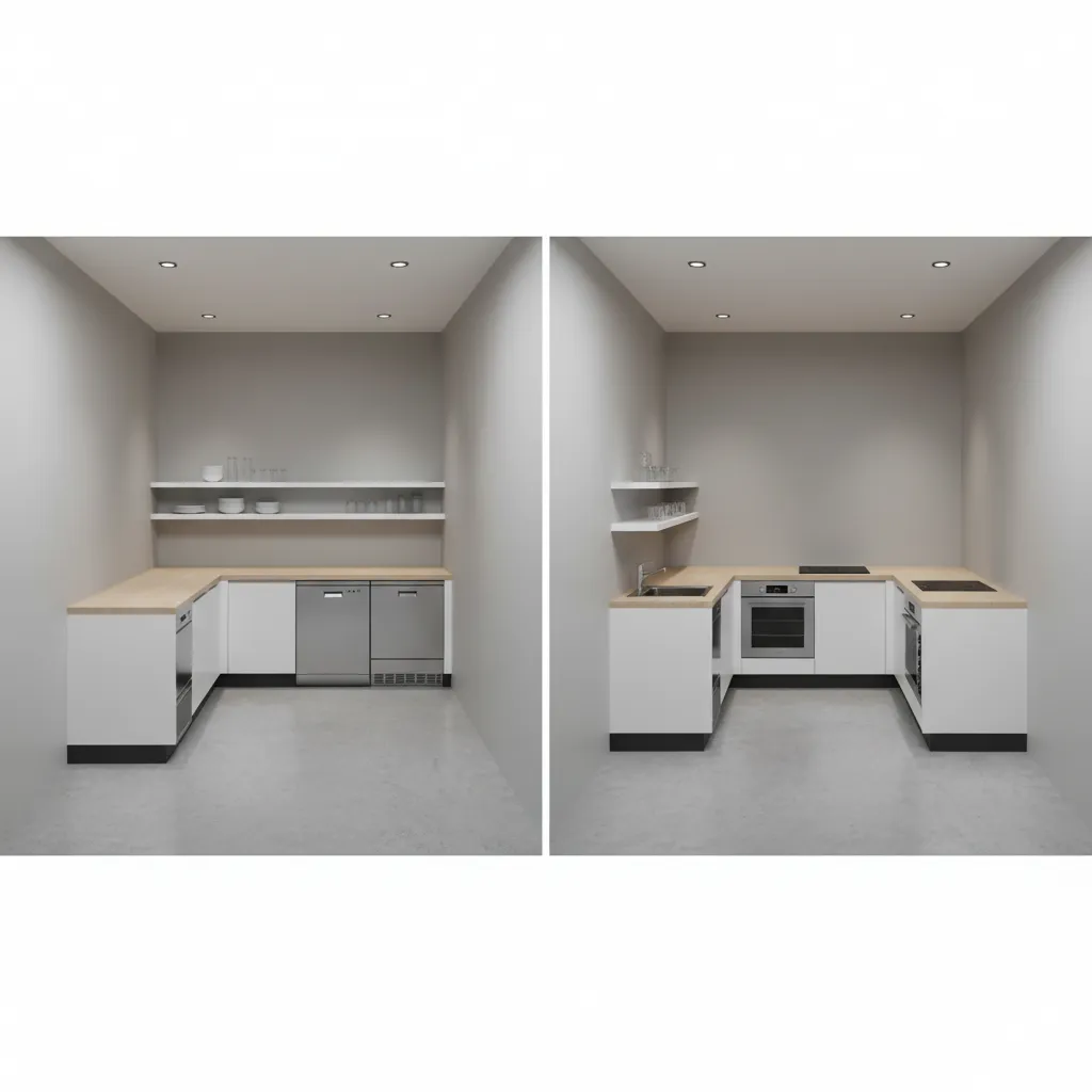 Comparison of single-wall and L-shaped kiosk kitchen layouts
