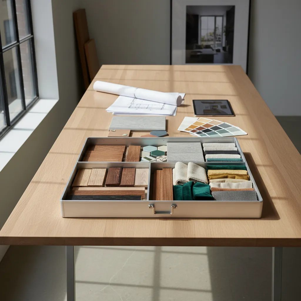 Caja con muestras de materiales para un proyecto de interiorismo