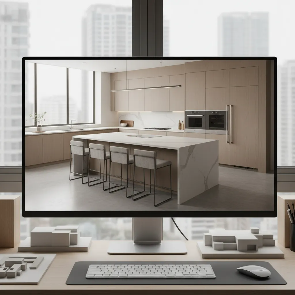 Computer monitor displaying a modern kitchen interior design drawing with island and wood wall cabinets