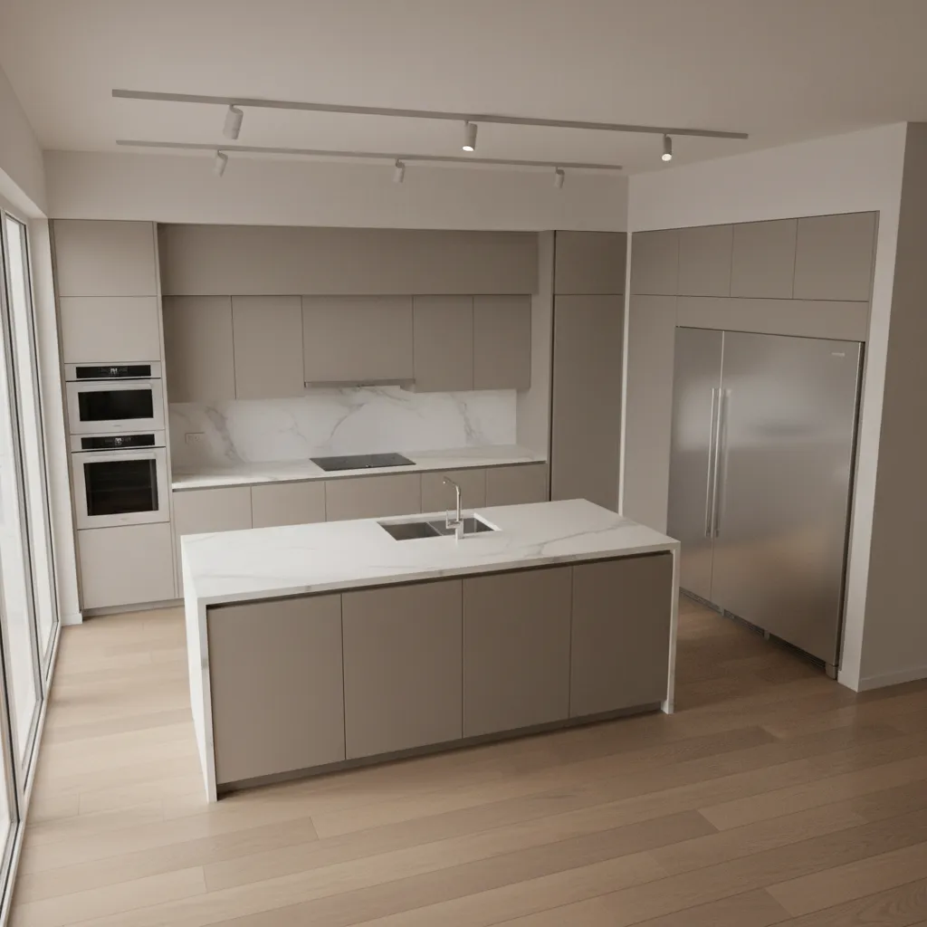 3D modeled kitchen layout showing cabinets island and appliances