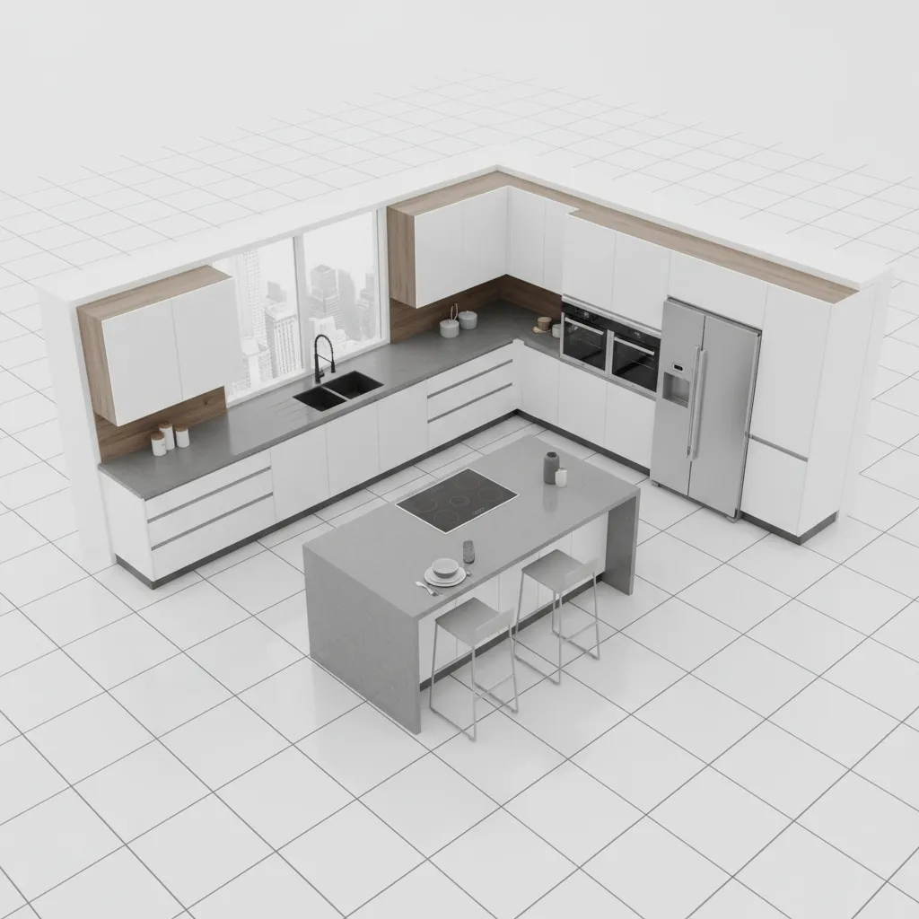3D kitchen layout planning visualization with cabinets and appliances