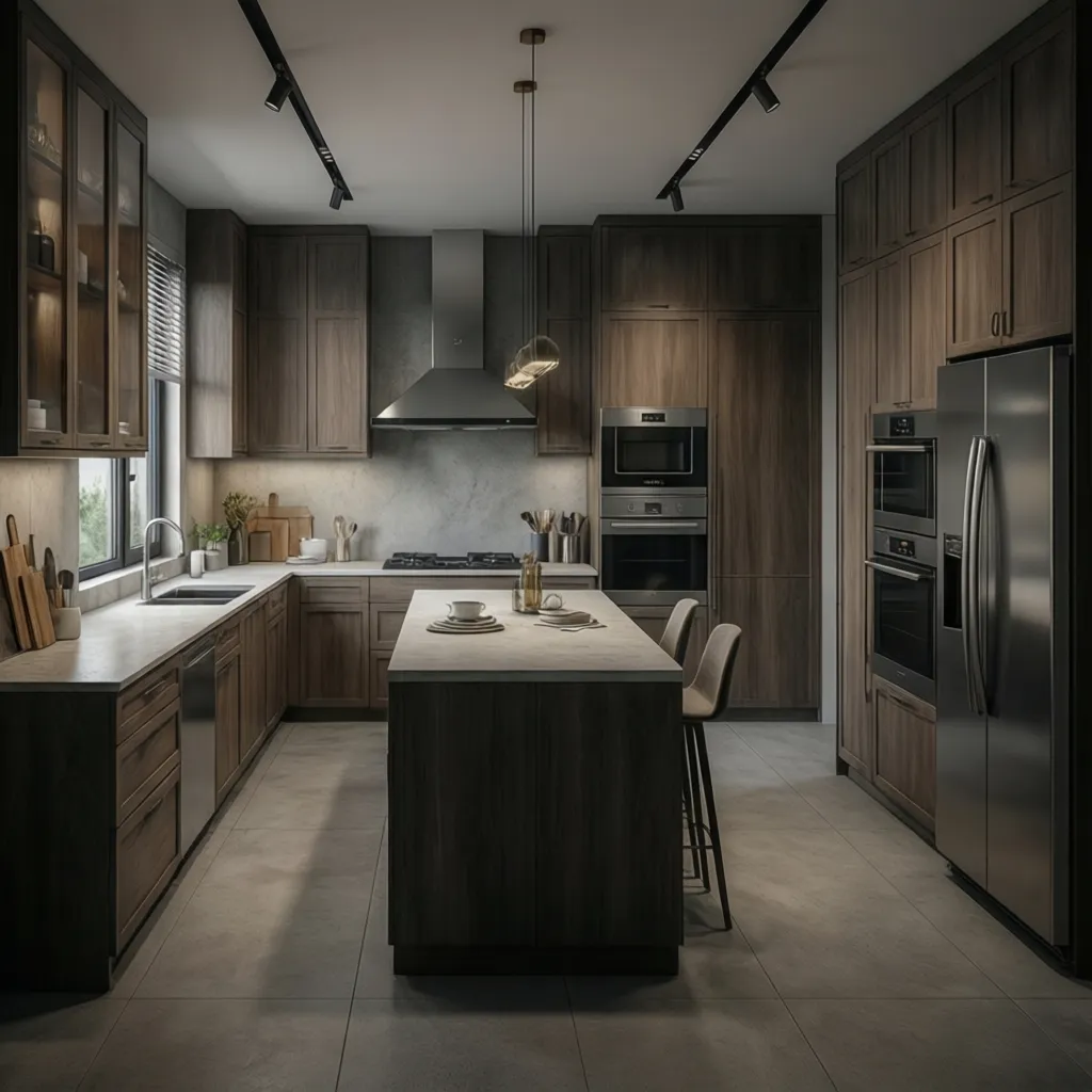 3d kitchen layout planning view showing cabinet spacing and walkways