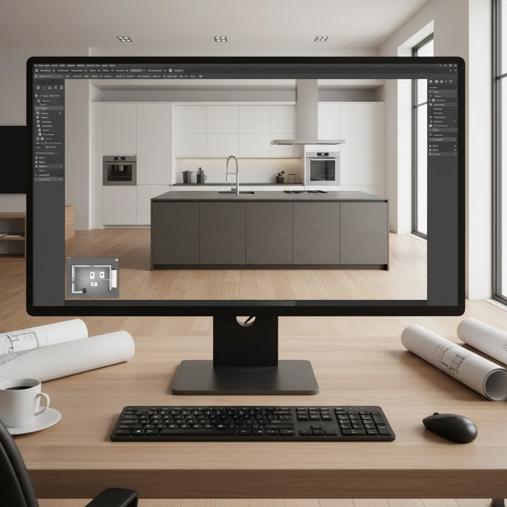 3D kitchen planner interface showing cabinet layout and island design