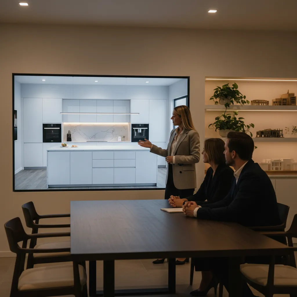 Client viewing 3D kitchen rendering presentation with designer