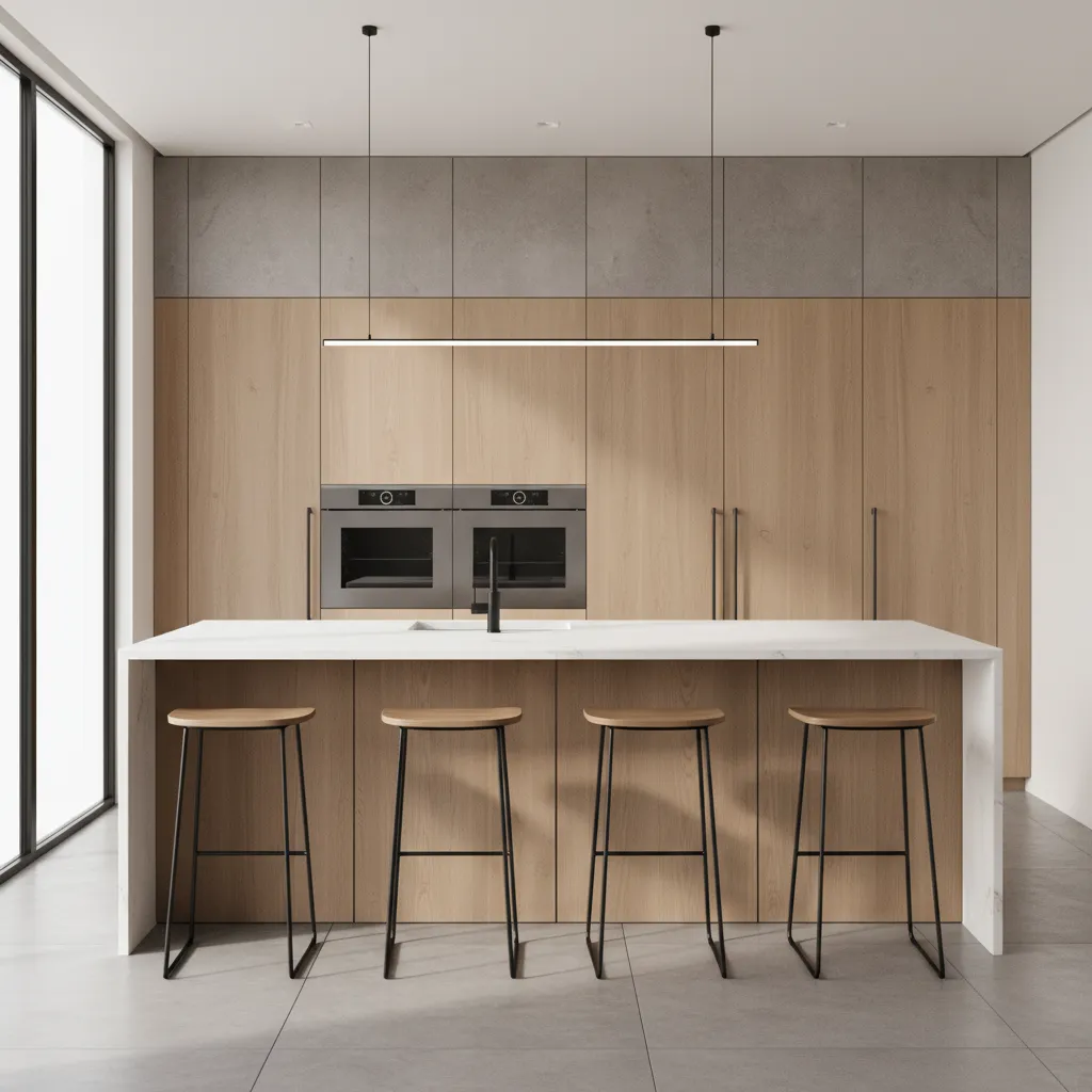 3d rendered kitchen design preview showing cabinets island and lighting before renovation