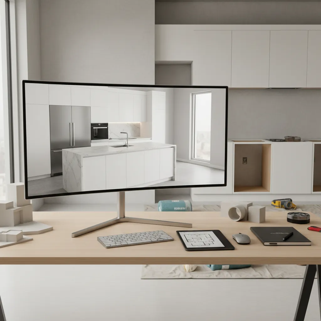 realistic 3d render of a planned kitchen renovation design