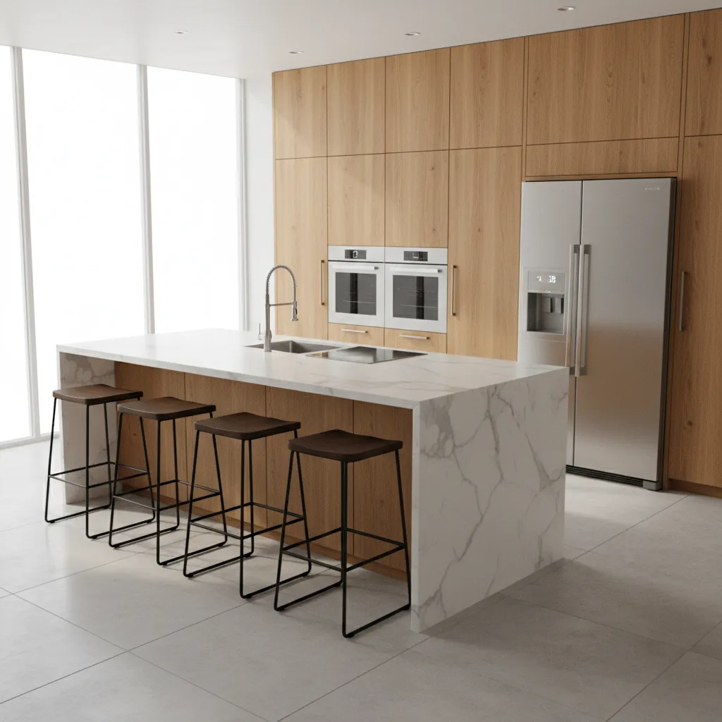 3D rendered kitchen layout showing cabinet and island spacing