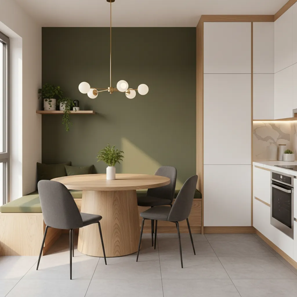 kitchen dining nook with deep green accent wall