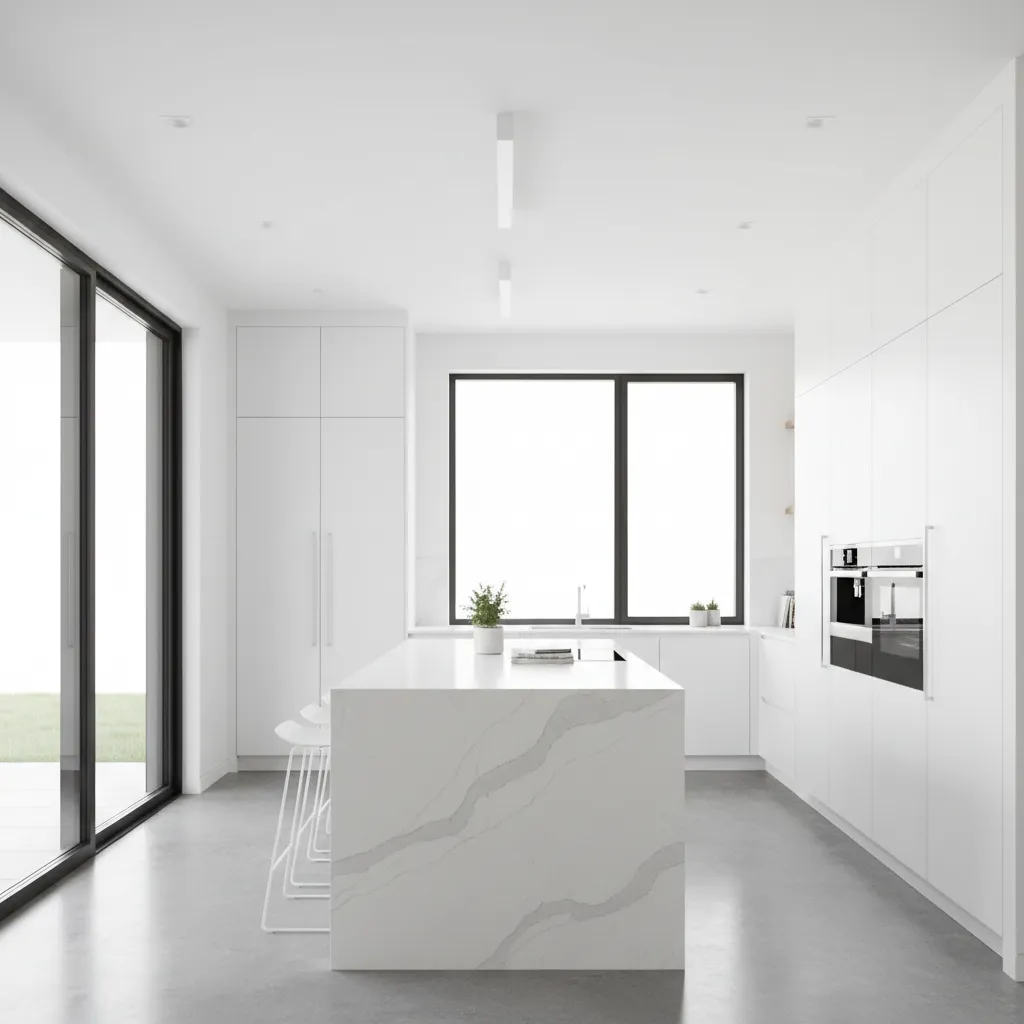 Modern kitchen with ceiling height cabinets after bulkhead removal