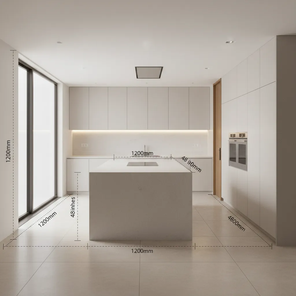 Kitchen aisle clearance example showing spacing between island and cabinets