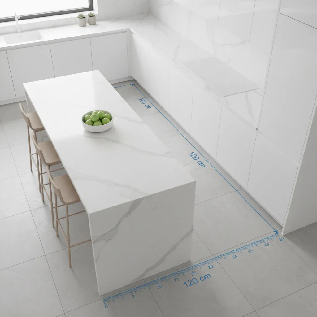 Kitchen aisle spacing between cabinets and island showing proper clearance