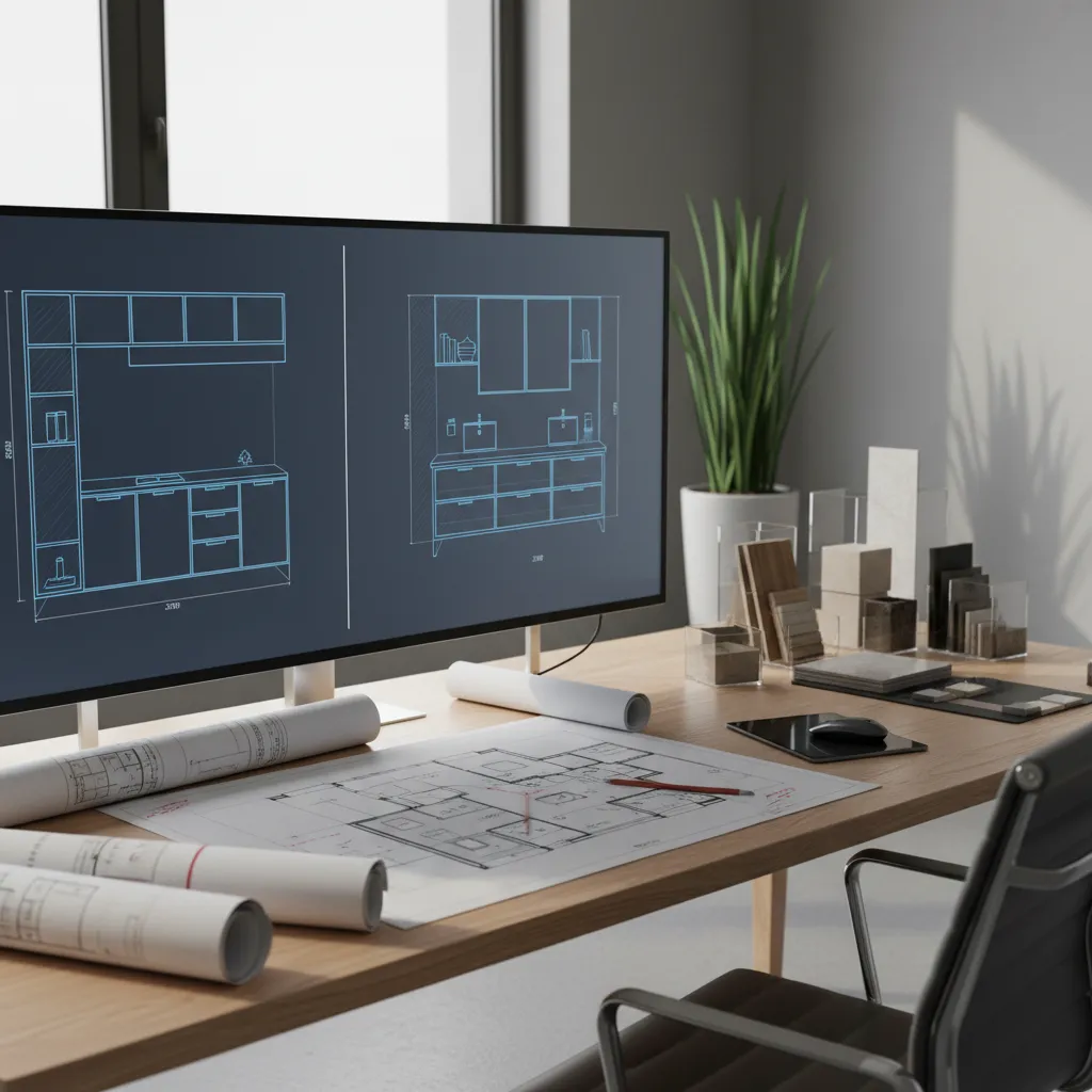 Interior layout planning for kitchen cabinets and bathroom vanity placement