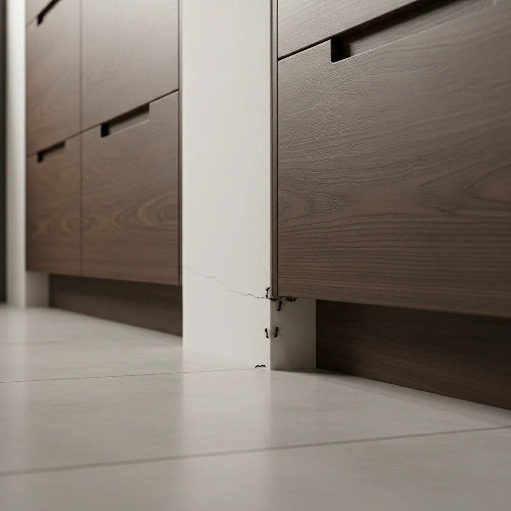 ants entering through small wall crack near kitchen cabinet baseboard