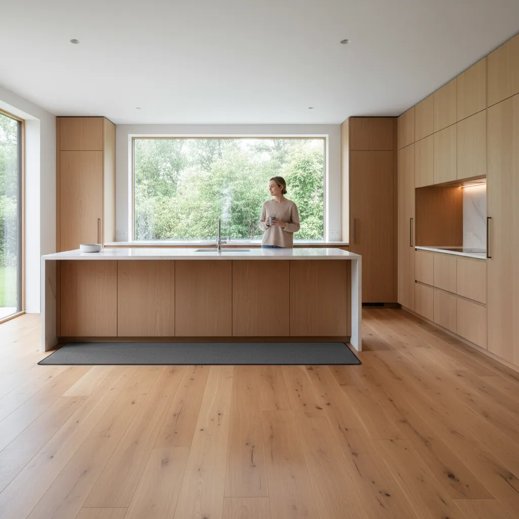 Kitchen workspace with anti fatigue mat on hardwood floor
