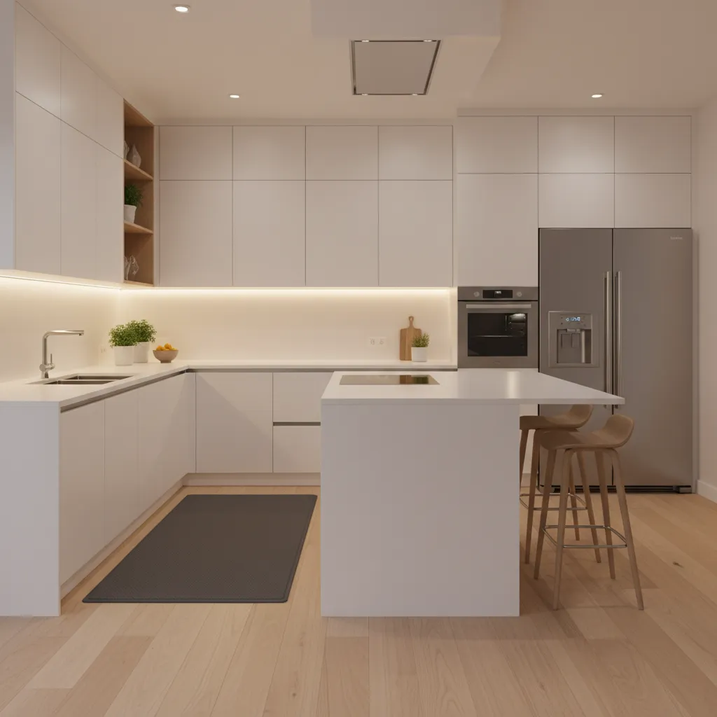 Kitchen anti fatigue mat placed on hardwood floor in front of sink
