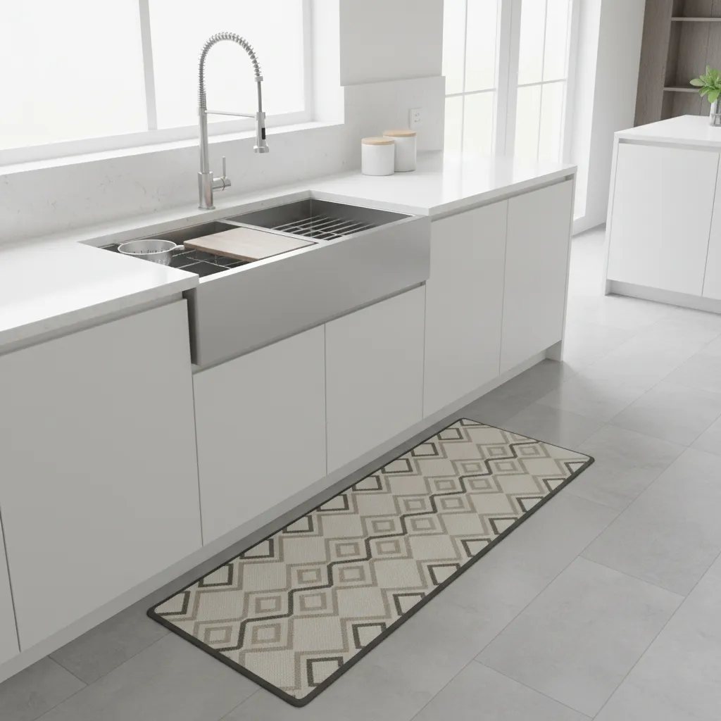 Anti fatigue kitchen mat placed in front of sink in modern kitchen