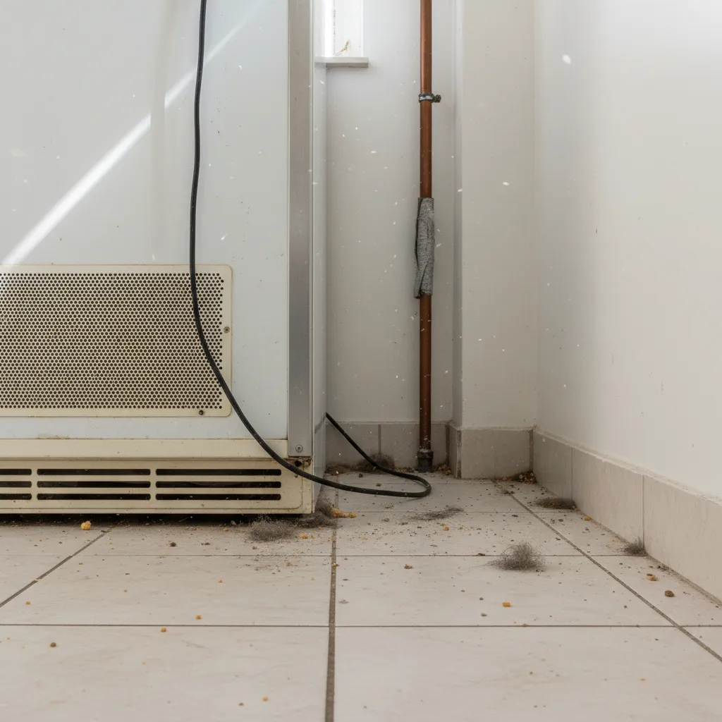 gap behind refrigerator showing hidden kitchen pest hiding space