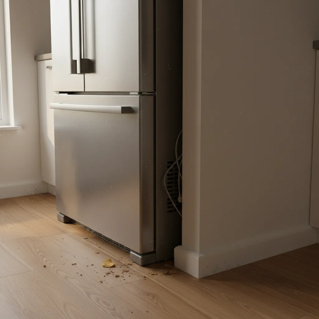 gap behind refrigerator and kitchen appliances where roaches hide