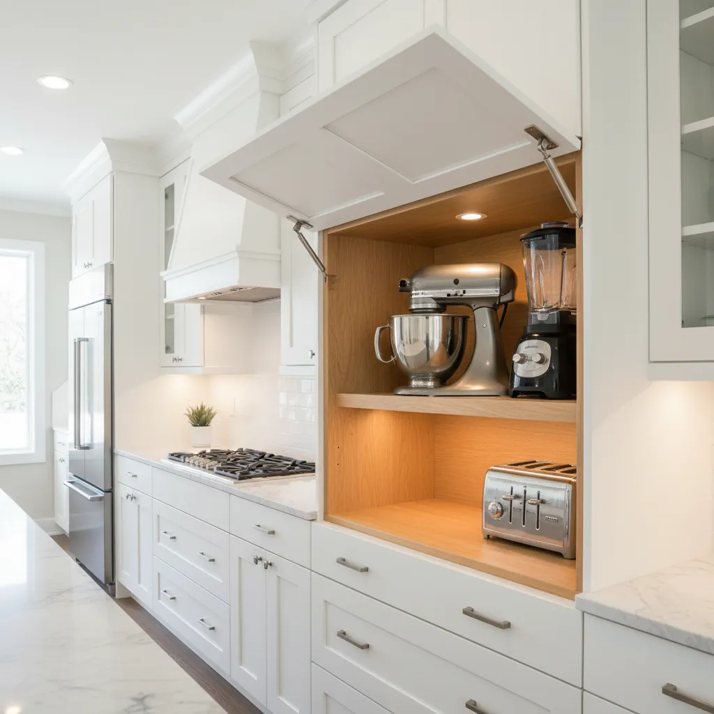 Kitchen appliance garage cabinet with mixer and blender inside organized rack