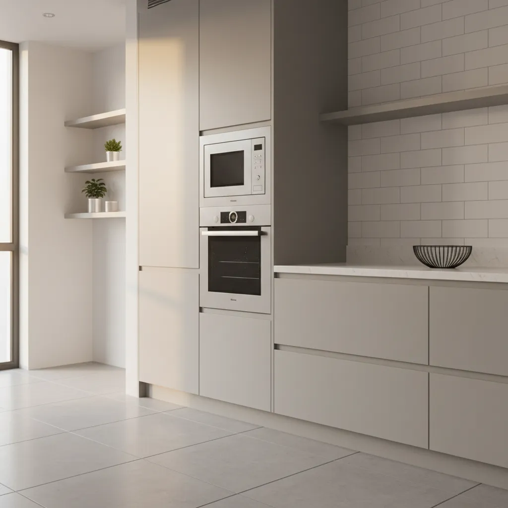 Kitchen counter landing space next to built in oven and microwave