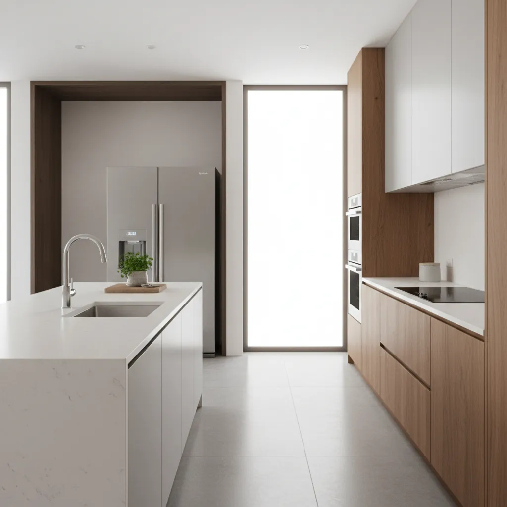 Efficient kitchen appliance placement with refrigerator sink and cooking area