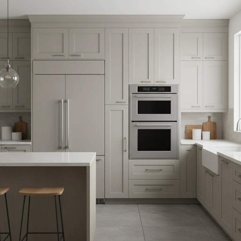 Kitchen cabinet layout showing spacing between refrigerator and wall oven