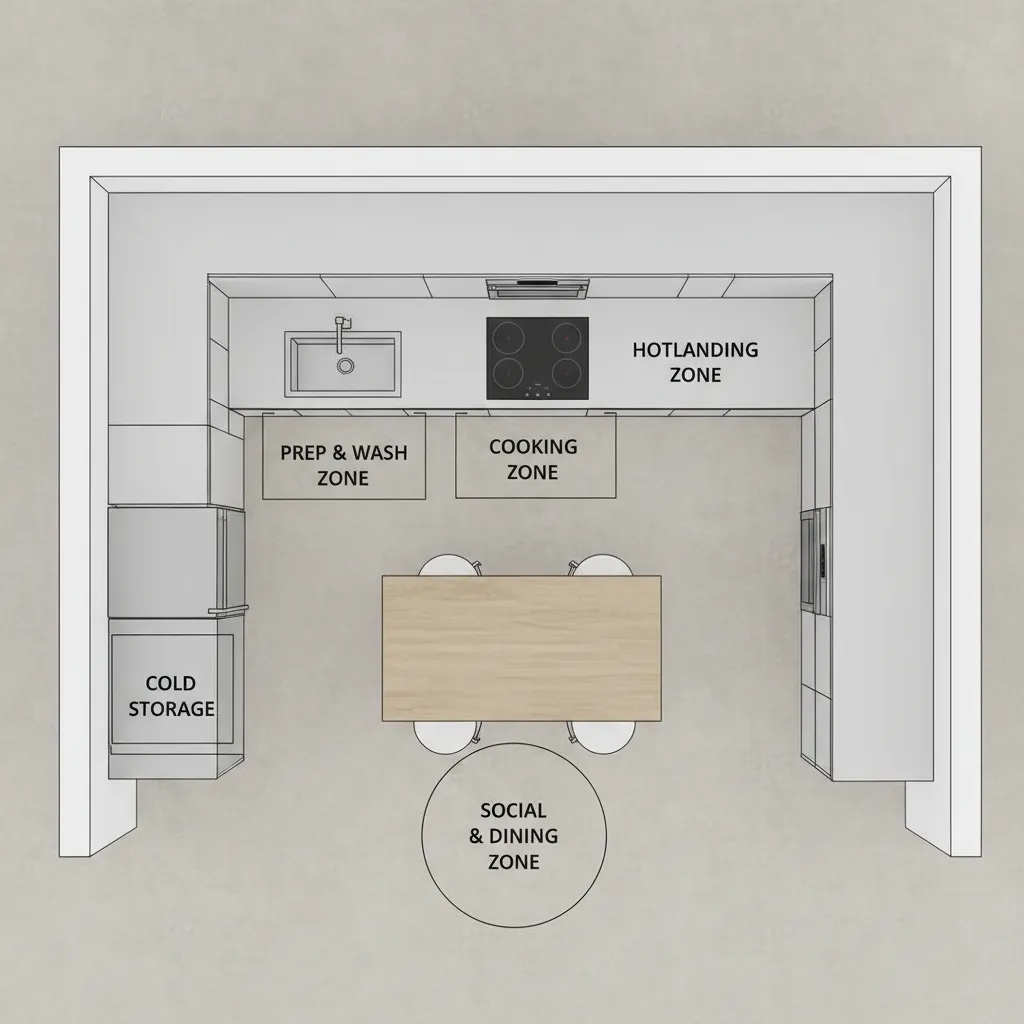 kitchen layout diagram showing proper spacing between fridge sink and stove
