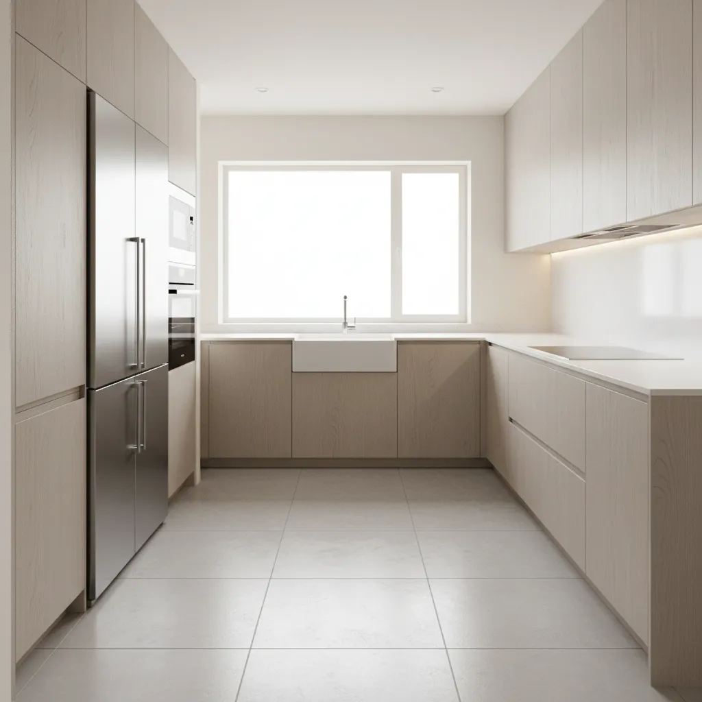 Modern kitchen with clear appliance spacing and walkway clearance