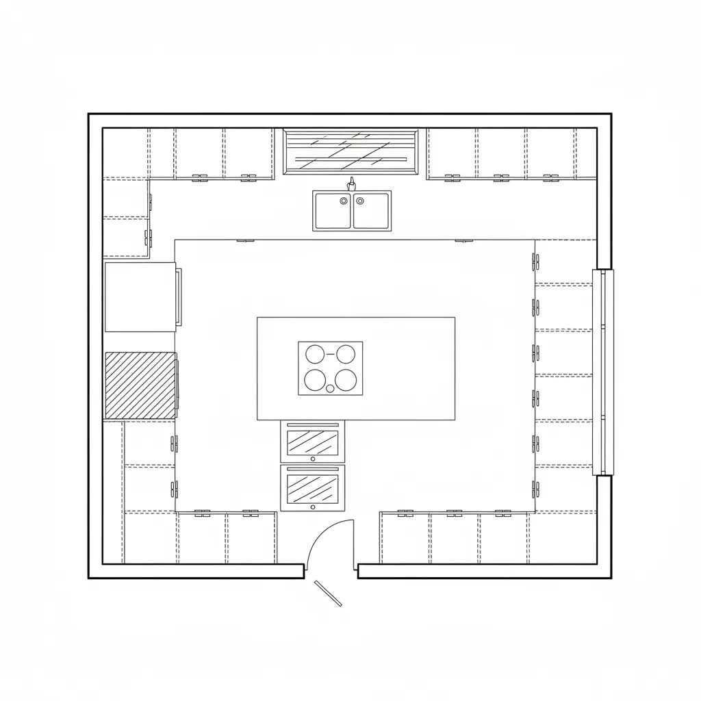 Top view kitchen floor plan showing standard symbols for refrigerator oven cooktop and sink
