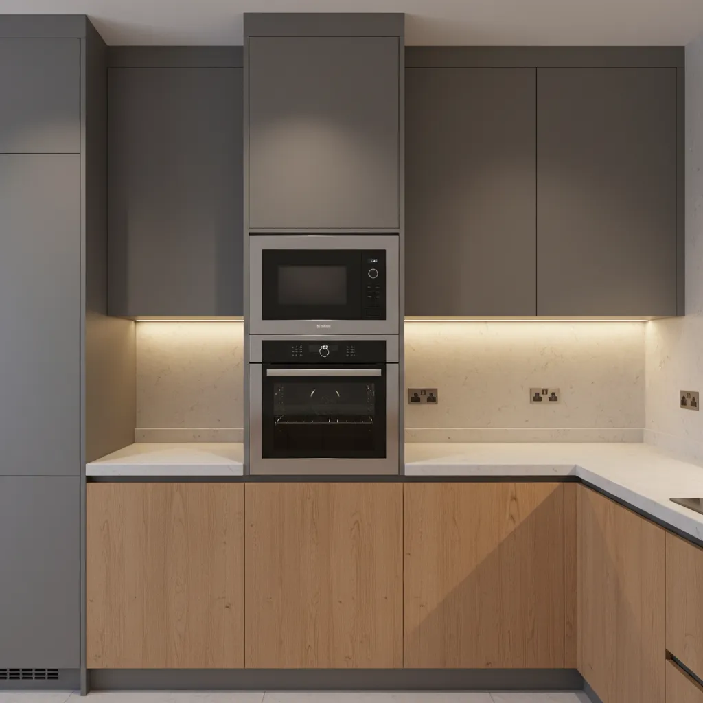 Modern kitchen appliance tower cabinet with oven microwave and storage