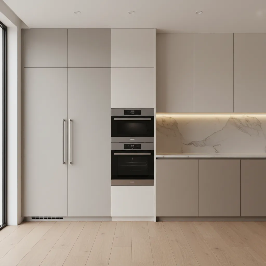 modern kitchen appliance wall with oven microwave cabinet and pantry storage