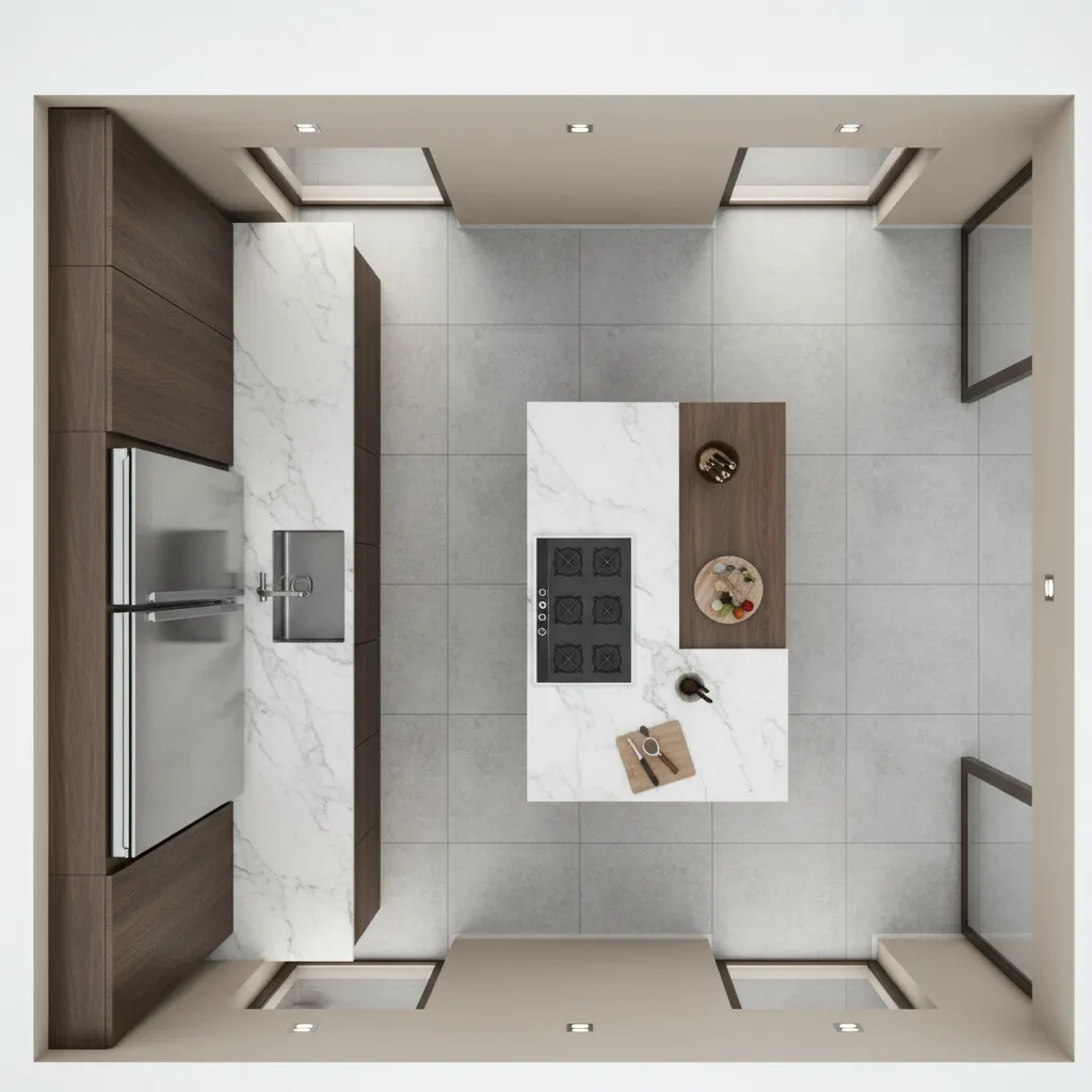 kitchen floor plan illustrating appliance zones including oven area