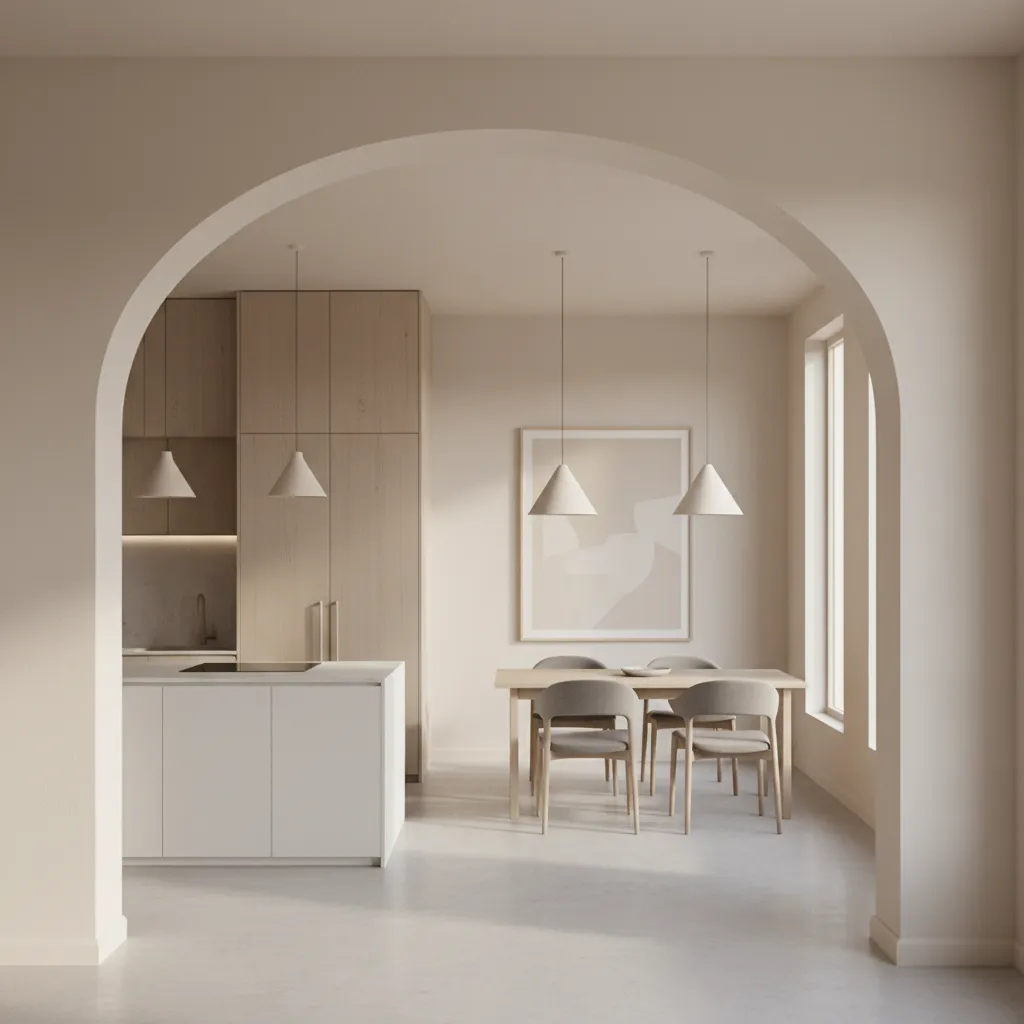 clean drywall arch opening between kitchen and dining room