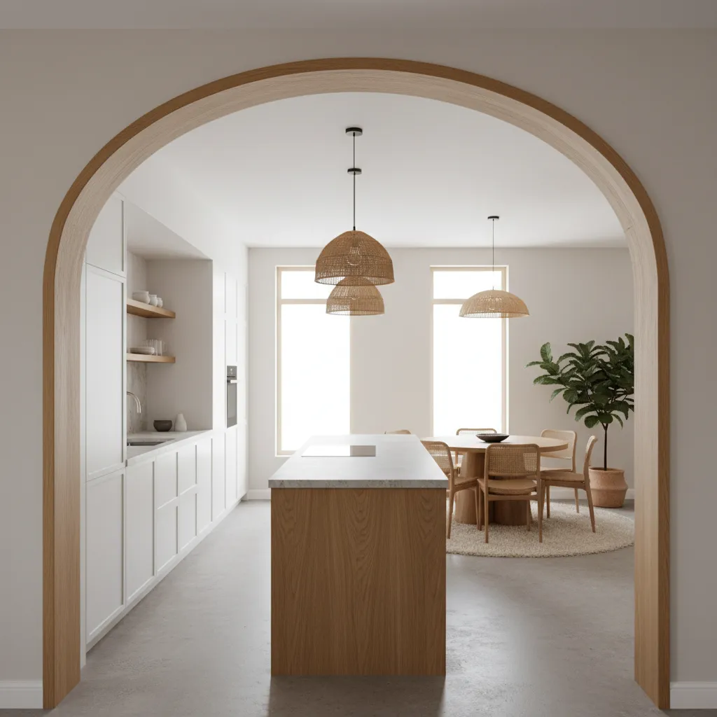 stylish kitchen arch with wood trim framing dining room