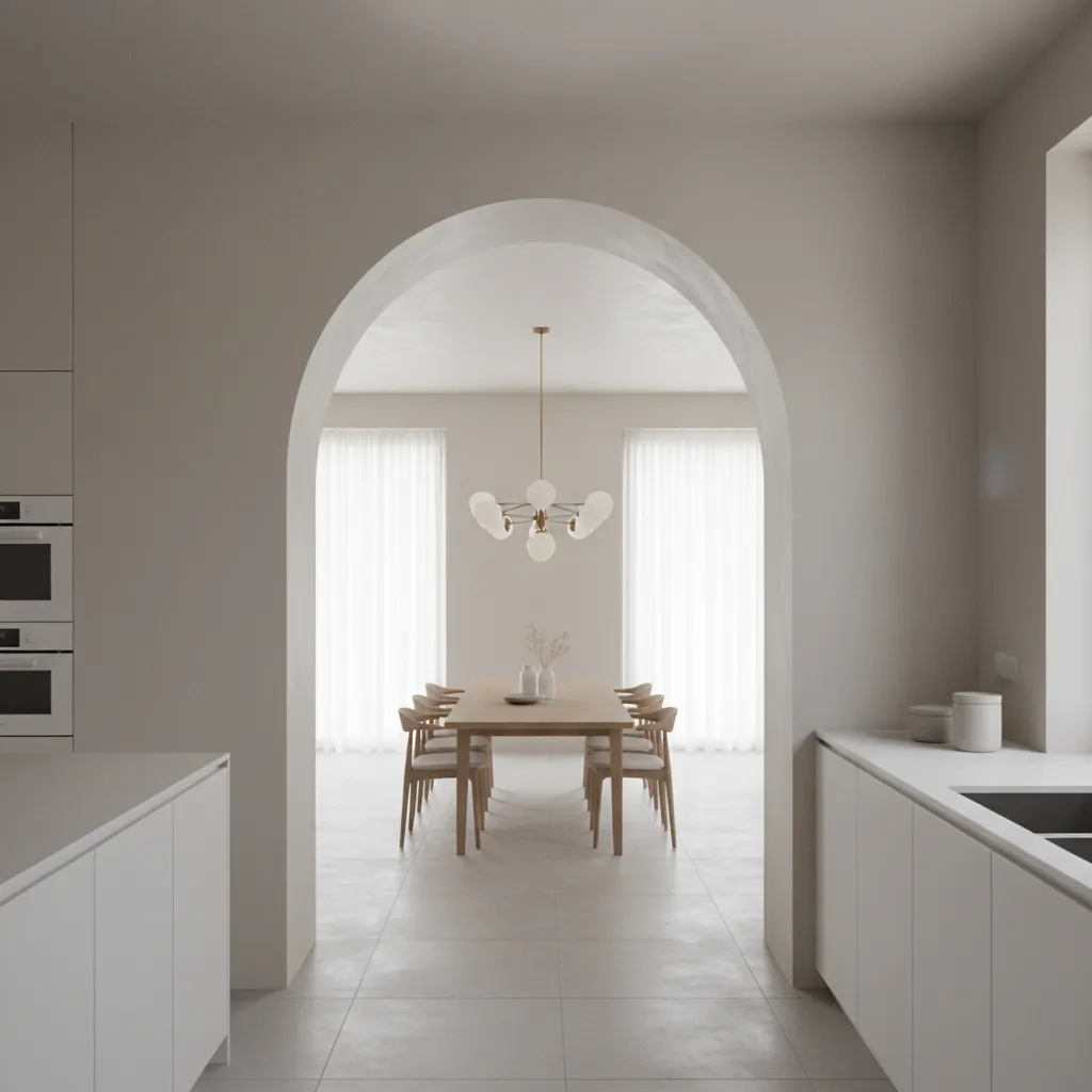 well proportioned arch opening between kitchen and dining room
