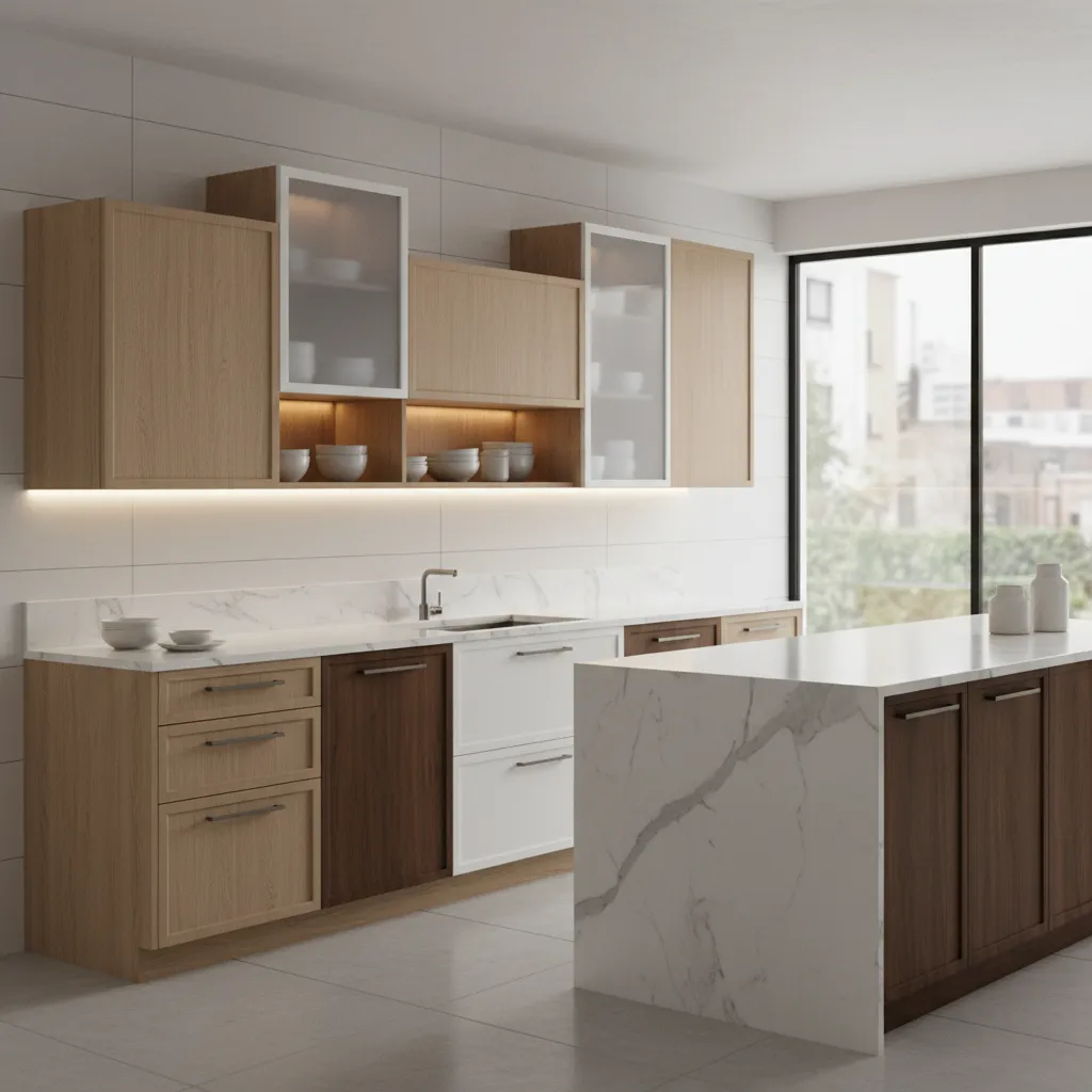 Photorealistic render of modern kitchen with asymmetrical upper and lower cabinets