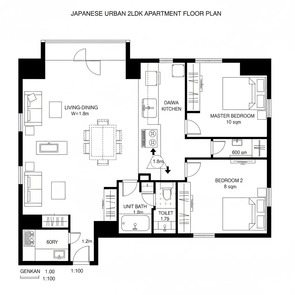 キッチン軸で分節する2LDK