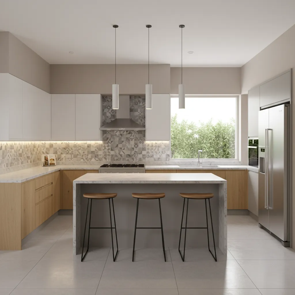 Kitchen with tile backsplash and satin painted walls near cooking area