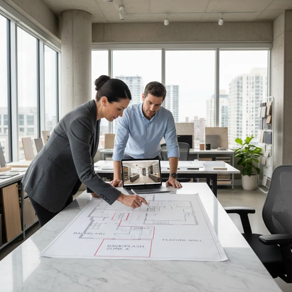designer reviewing kitchen backsplash coverage options on layout plan