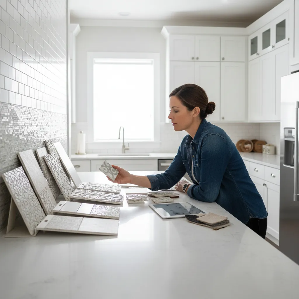 designer reviewing backsplash tile samples in modern kitchen