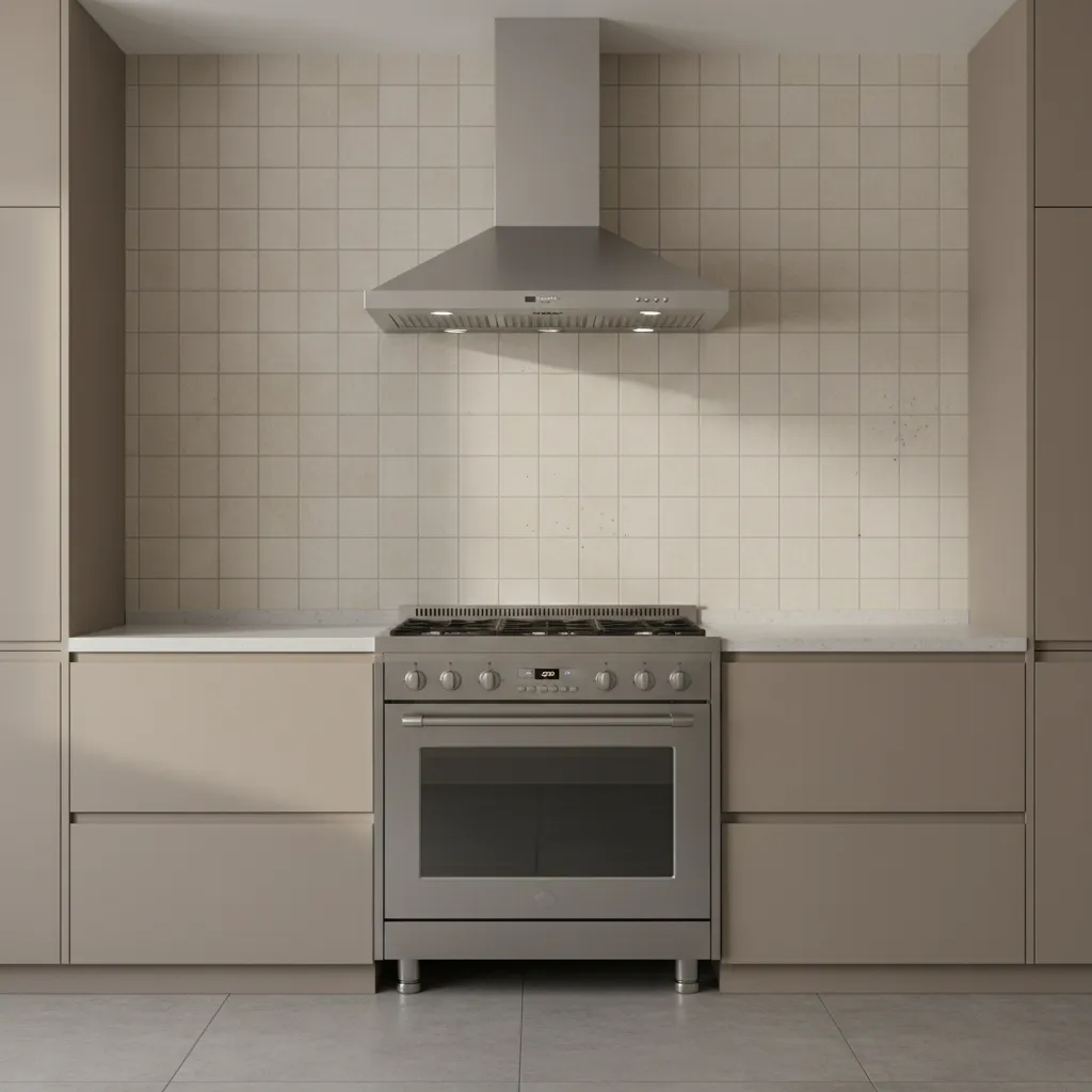 Kitchen backsplash tiles with visible cooking grease buildup behind stove