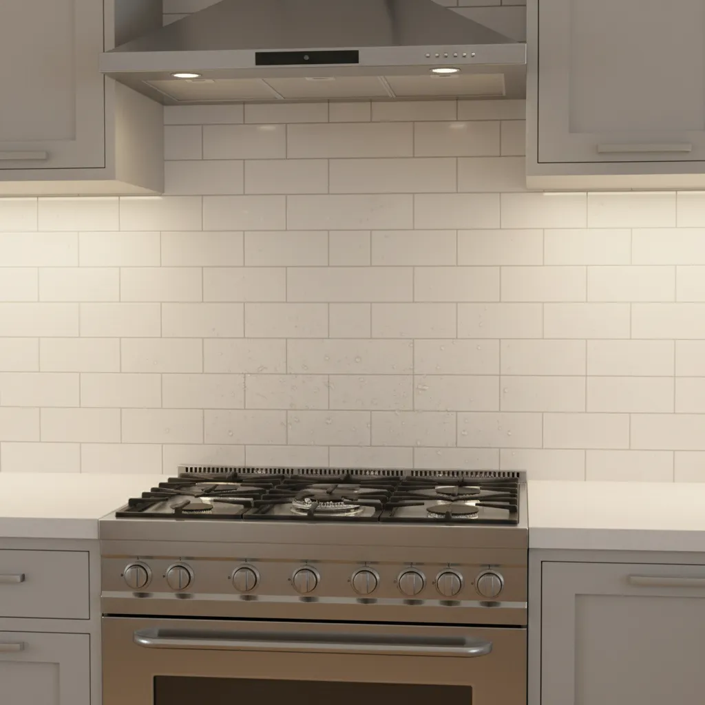 Kitchen backsplash tiles near stove with visible grease buildup