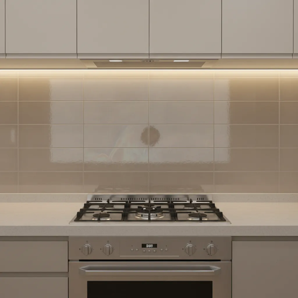 Kitchen backsplash tiles near stove with visible grease buildup